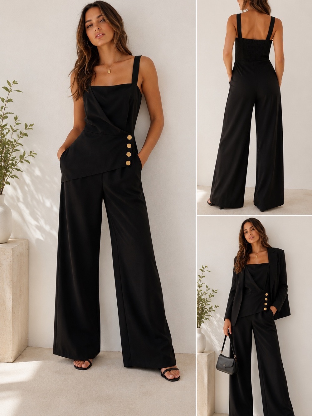 Black Wide-Leg Jumpsuit with Decorative Buttons
